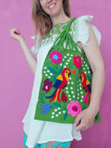 Shopper Beachtasche Beachbag Schultertasche grün Vögel Tiere jungle bestickt aus Mexiko embroidery mexican grün green