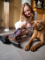 Stiefel mexikanisch in Übergröße Damen, Herren, Regenbogen, Blumenstickerei, rosa-braun, Cowboystiefel, Westernstiefel, Größe 43, Größe 44, Größe 45