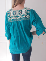 mexikanische Boho Tunika, mexikanische Bluse, Bluse, Kleid lang, bestickt, Blumenstickerei, Sommermode aus Mexiko, Handwerkskunst, Hippie/Folklor/Ethno Damenbluse, bunt, pink, türkis, für Strand, Urlaub, Beachparty, fair gehandelt, Gypsie, florales Design, Frida Kahlo Stil, Ibiza, handgenäht, fair trade, slow fashion