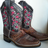 Stiefel mexikanisch in Übergröße Damen, Herren, Regenbogen, Blumenstickerei, rosa-braun, Cowboystiefel, Westernstiefel, Größe 43, Größe 44, Größe 45