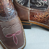 Stiefel mexikanisch in Übergröße Damen, Herren, Regenbogen, Blumenstickerei, rosa-braun, Cowboystiefel, Westernstiefel, Größe 43, Größe 44, Größe 45