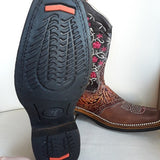 Stiefel mexikanisch in Übergröße Damen, Herren, Regenbogen, Blumenstickerei, rosa-braun, Cowboystiefel, Westernstiefel, Größe 43, Größe 44, Größe 45
