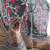 Stiefel mexikanisch in Übergröße Damen, Herren, Regenbogen, Blumenstickerei, rosa-braun, Cowboystiefel, Westernstiefel, Größe 43, Größe 44, Größe 45