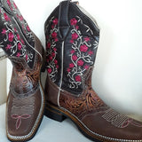 Stiefel mexikanisch in Übergröße Damen, Herren, Regenbogen, Blumenstickerei, rosa-braun, Cowboystiefel, Westernstiefel, Größe 43, Größe 44, Größe 45