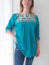 mexikanische Boho Tunika, mexikanische Bluse, Bluse, Kleid lang, bestickt, Blumenstickerei, Sommermode aus Mexiko, Handwerkskunst, Hippie/Folklor/Ethno Damenbluse, bunt, pink, türkis, für Strand, Urlaub, Beachparty, fair gehandelt, Gypsie, florales Design, Frida Kahlo Stil, Ibiza, handgenäht, fair trade, slow fashion