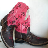 Stiefel, Western, Reitstiefel, Cowboystiefel, Winterstiefel, pink, Blumen, Stickerei, Mexiko, mexikanisch, ausgefallen, funky, Frida, brown, rutschfeste Sohle, mexique, boutique, vetement, boots mexican pink, rosa, flower embroidery, brodee, Größe 43, 44