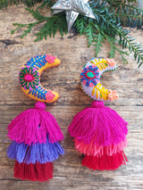Mexikanischer Weihnachtsbaumschmuck Aufhänger, Anhänger, handgemacht, Handgemachter bestickter Weihnachtsbaumschmuck, Filz Weihnachtsbaumschmuck mexikanisch, Bestickter Baumschmuck Weihnachten Handmade, Textiler Weihnachtsanhänger handgefertigt, Genähter Filz Weihnachtsbaumschmuck, Traditioneller mexikanischer Weihnachtsschmuck, Handgemachte Weihnachtsdekoration Mexiko, Stern, Mond, boho hippie, pink, mit Bommel
