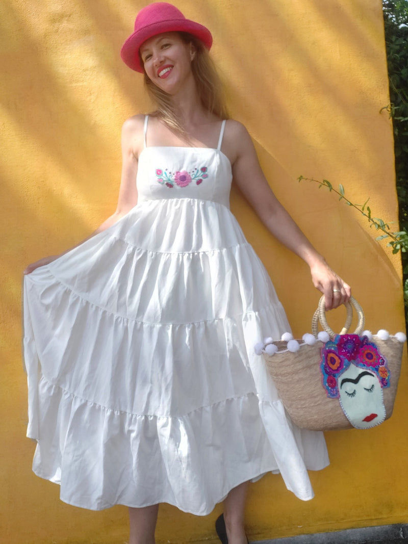 Mexican dress long (white) hand embroidered in Zinacantan, boho summer dress