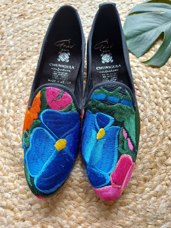 Size EU 39 mexican leather ballerina loafer flat shoe black (blue, pink) flower embroidery