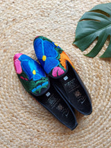 Size EU 39 mexican leather ballerina loafer flat shoe black (blue, pink) flower embroidery