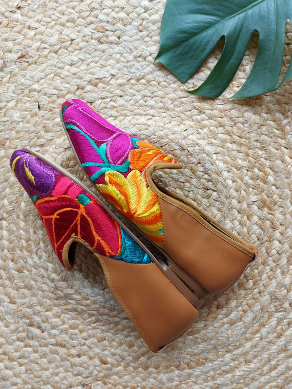 Size EU 39 mexican leather balletina loafer flat shoe brown (yellow, orange, purple) flower embroidery
