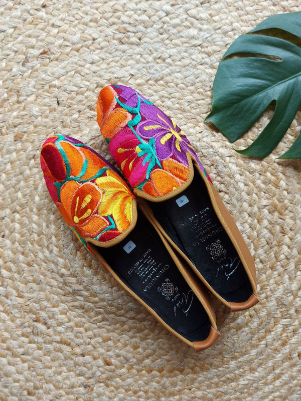 Size EU 39 mexican leather balletina loafer flat shoe brown (yellow, orange, purple) flower embroidery