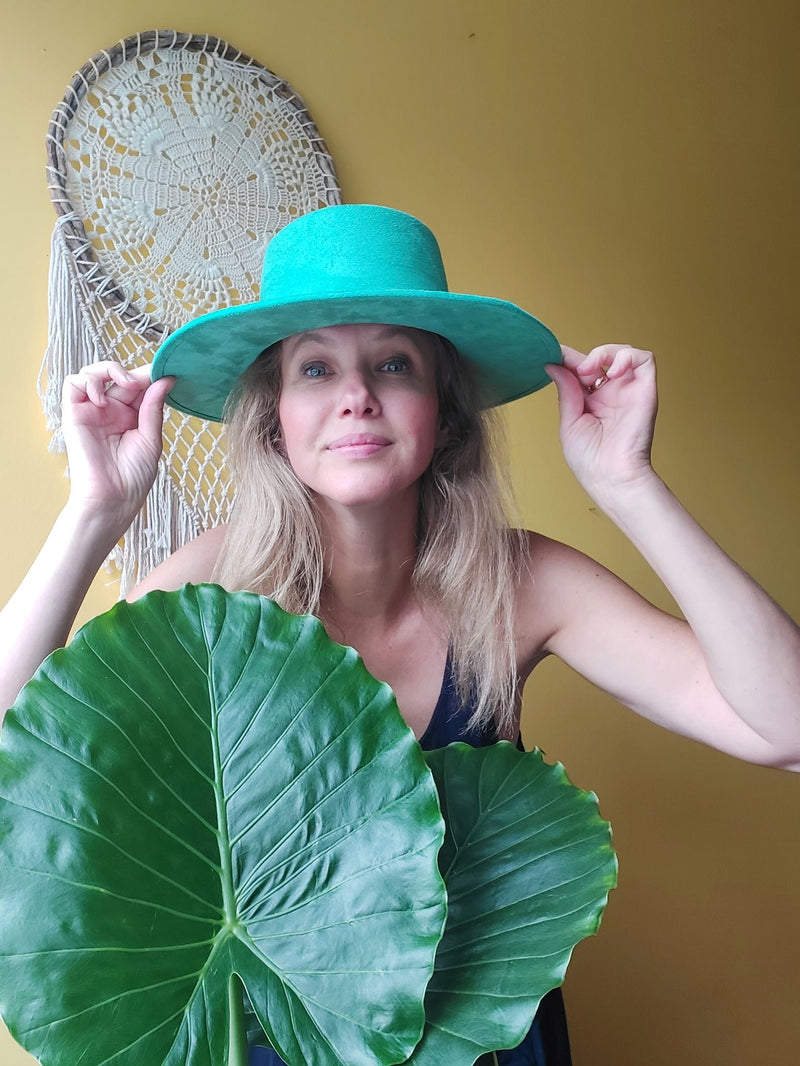 Fedora Hut mint, türkis, hellgrün, Veganer Hut, Breite Krempe, Cowboyhut, Handgefertigter Hut, Wildleder Imitat Hut, Hut für Herbst Winter Frühling, Boho Hut, Hut für Frauen, Mexikanischer Hut, Stilvoller Hut, Sombrero, Hut, Mütze, farbenfroh, Wetterfest, mexikanisch, Fedora Hut, blau, Hochzeit, elegant