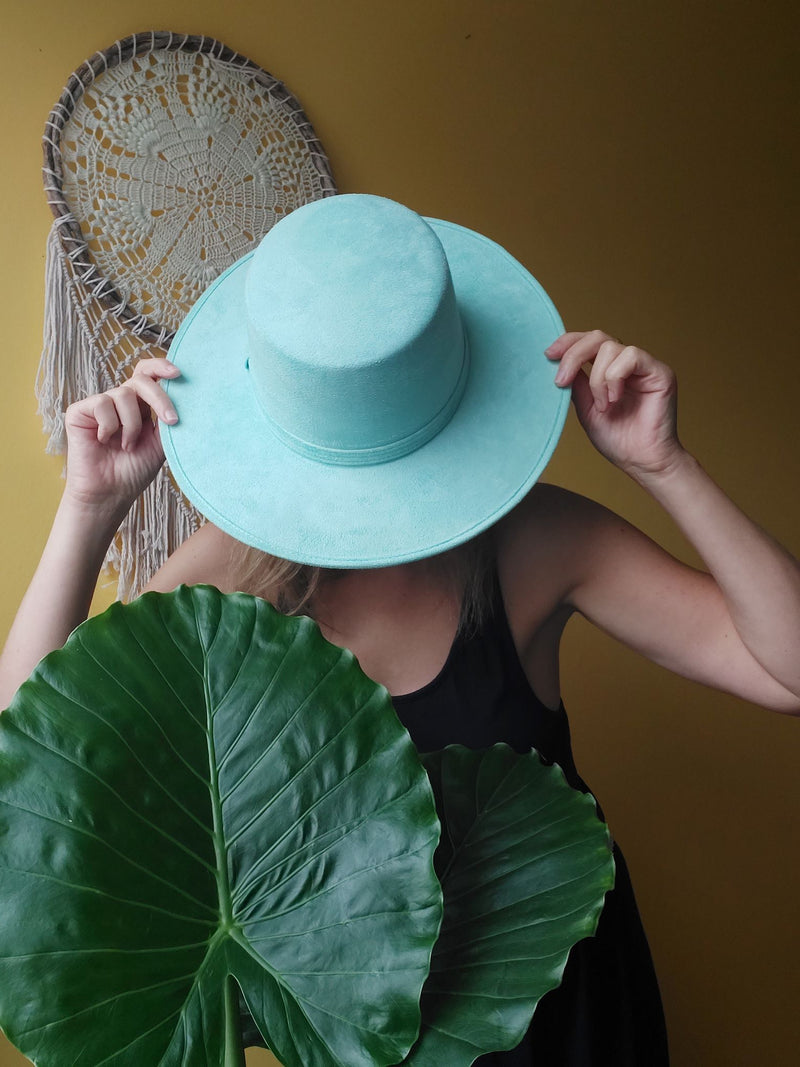 Hut Fedora (türkis, mint, hellgrün) mit breiter Krempe, Cowboyhut, Mütze für Damen, Herren, boho Hut aus Mexiko