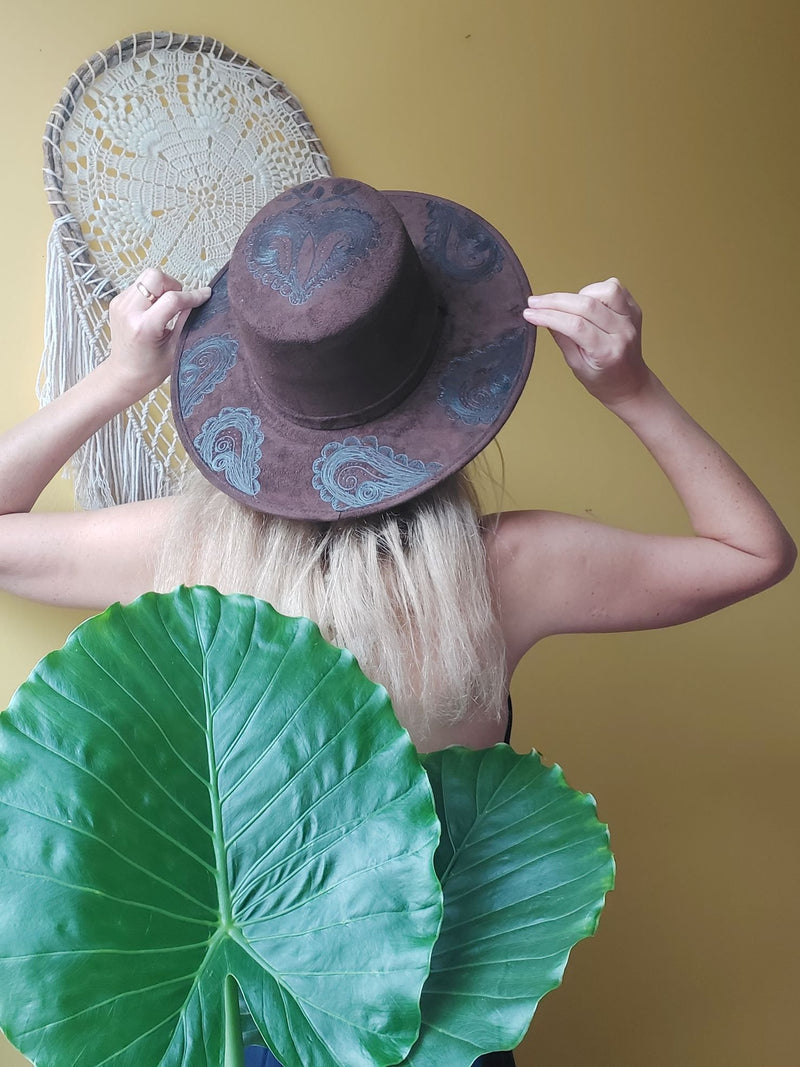 Hut Fedora (braun, beige) mit breiter Krempe, handgezeichnet, Cowboyhut, Mütze für Damen, boho Hut aus Mexiko