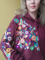 Kaputzenpullover weinrot bestickt mit Blumen Kolibri Größe 38, 40/42, Hoodie mit Blumenstickerei aus Mexiko, mexikanisch, Sweatshirt mit Tasche, Wandern, Segeln, Relax, Yoga, Bergsteigen, Skifahren, Meditation, Mandala, Chill Outfit, Outdoor, vintage, hippie, weich, spirituell, Zen, BLumenmuster, Blumen pullover, übergroßer Hoodie, Ästhetischer, Outfit inspo, Geschenkidee für Mama, Frau, flower power, Vogel, feelgood, Exotisch, Tiere, romantisch, exotisch, Statement, Frida Kahlo Stil, 