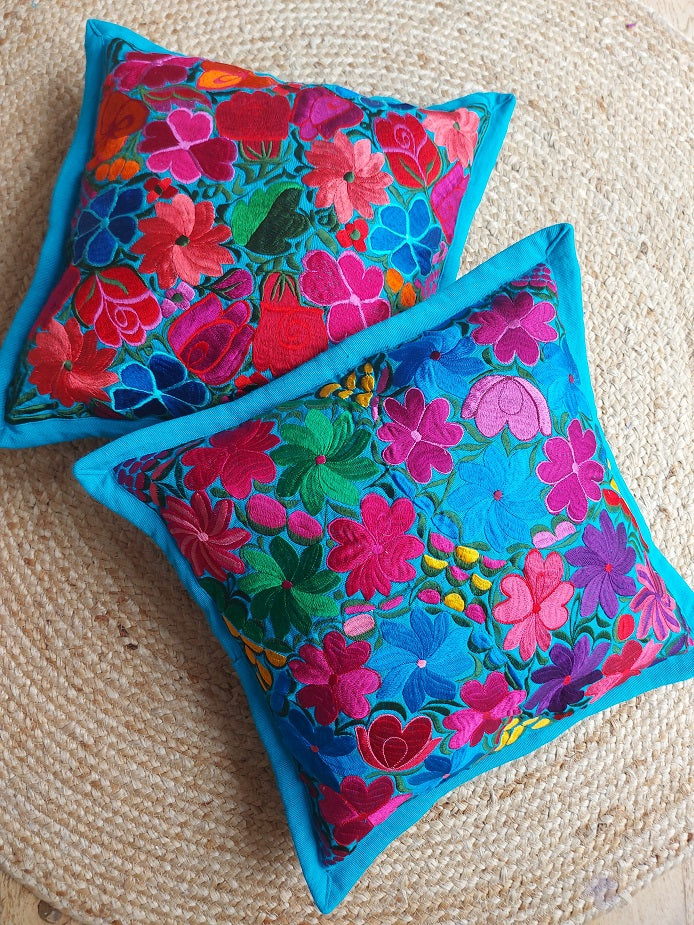 Mexikanische Kissen Kunsthandwerk Blumenstickerei boho hippie ethno mexican cushion pillow case mexiko Frida Stil bunt farbenfroh türkis