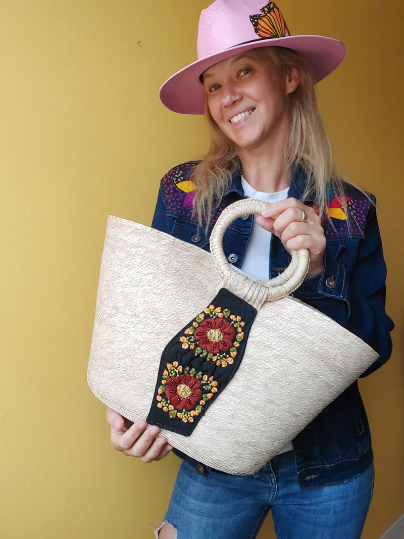 Palmentasche Mexiko Blumenstickerei, bunte handgemachte mexikanische Mandala Tasche, bestickte Palmentasche, farbenfrohe, Beachtasche, Einkaufstasche, Shopper, Handtasche, Palm leaf bag Mexico floral embroidery, straw bag with mandala design, colorful tassel handbag, handmade embroidered tote, purse with pom poms, beachbag, handbag, Sommertasche, Markttasche, schwarz, braun, Perlenbestickt