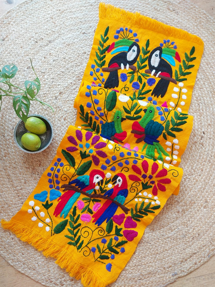 Mexican table runner (colorful) hand-embroidered in Chiapas, animals and plants, long