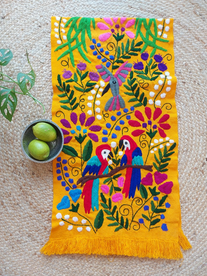 Mexican table runner (colorful) hand-embroidered in Chiapas, animals and plants, long