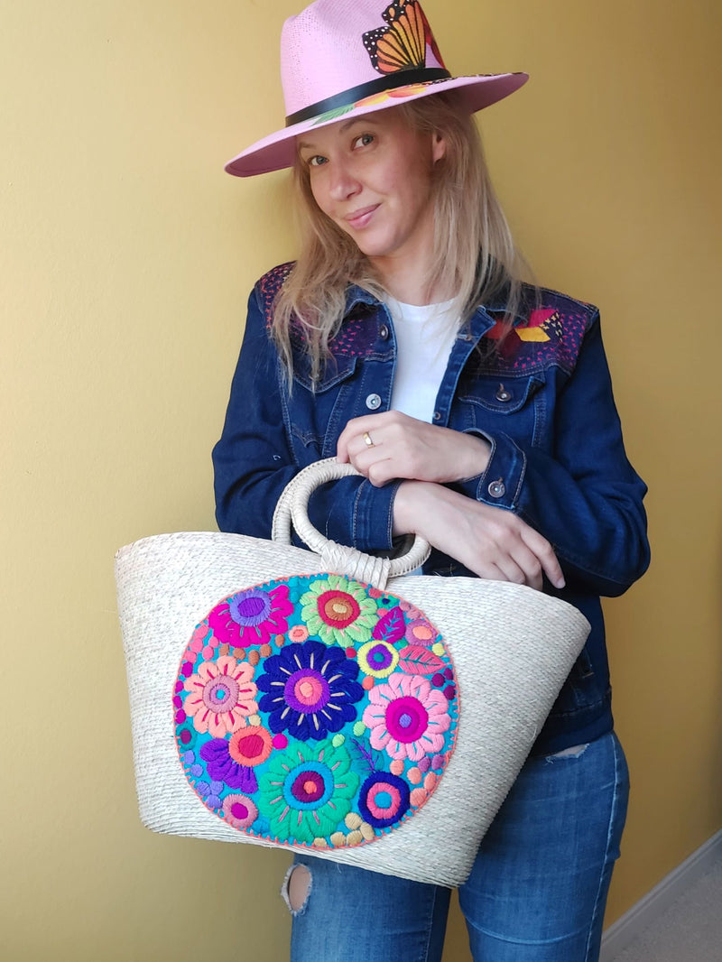 Palmentasche Mexiko Blumenstickerei, bunte Strohtasche mit Bommeln, handgemachte mexikanische Mandala Tasche, bestickte Palmentasche, farbenfrohe, Beachtasche, Einkaufstasche, Shopper, Handtasche, Palm leaf bag Mexico floral embroidery, straw bag with mandala design, colorful tassel handbag, handmade embroidered tote, purse with pom poms, beachbag, handbag, Sommertasche, Markttasche