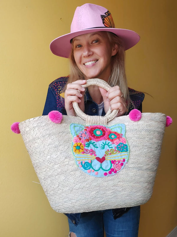 Palmentasche Mexiko Blumenstickerei, bunte Strohtasche mit Bommeln, handgemachte mexikanische Mandala Tasche, bestickte Palmentasche, farbenfrohe, Beachtasche, Einkaufstasche, Shopper, Handtasche, Palm leaf bag Mexico floral embroidery, straw bag with mandala design, colorful tassel handbag, handmade embroidered tote, purse with pom poms, beachbag, handbag, Sommertasche, Markttasche, Katzenmotiv, Katzenfigur, Katze, pink, rosa