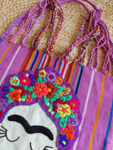 Frida inspired Shopper, Einkaufstasche, Sac shopping sac de plage avec broderie Frida Kahlo du Mexique Artisanat, artisanat, Chiapas, mexican bag embroidery shoulder bag colourful stripes, lila