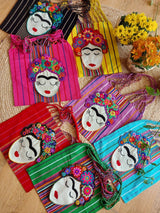 Frida inspired Shopper, Einkaufstasche, Sac shopping sac de plage avec broderie Frida Kahlo du Mexique Artisanat, artisanat, Chiapas, mexican bag embroidery shoulder bag colourful stripes