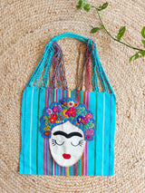 Frida inspired Shopper, Einkaufstasche, Sac shopping sac de plage avec broderie Frida Kahlo du Mexique Artisanat, artisanat, Chiapas, mexican bag embroidery shoulder bag colourful stripes