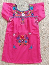 Kinder tunika Kleid Sommer mexikanisch Mexiko bestickt Blumen pink Handarbeit Kunsthandwerk Mädchen Chiapas