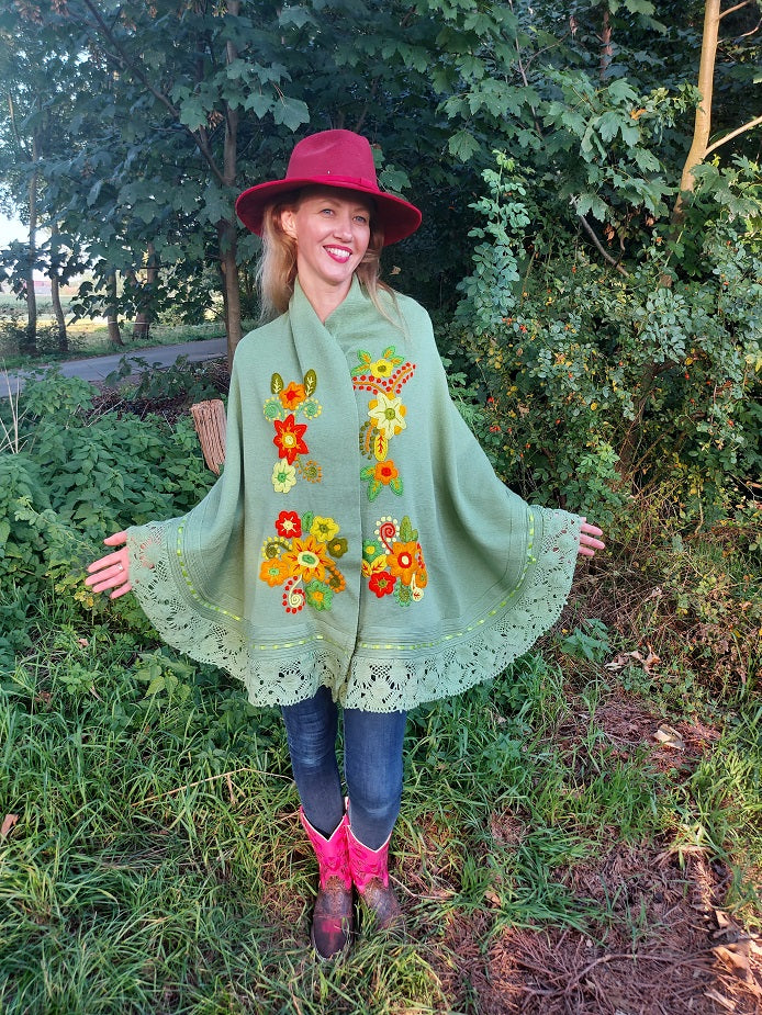 Mexican poncho/scarf/rebozo (green) with handmade flower embroidery