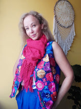 Winterschal, Rebozo, mexikanisch, Schal aus Mexiko, Baumwollschal, Baumwolle, Kunsthandwerk, Schal aus Chiapas, Mode aus Mexiko, Poncho, traditionell, blau, pink, rot, Weihnachtsgeschenk