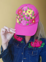 Cape, Kappe, Baseball cap bestickt, Blumen, bunt, pink, Damen, Mexiko, mexikanisch, boho, hippie, ethno