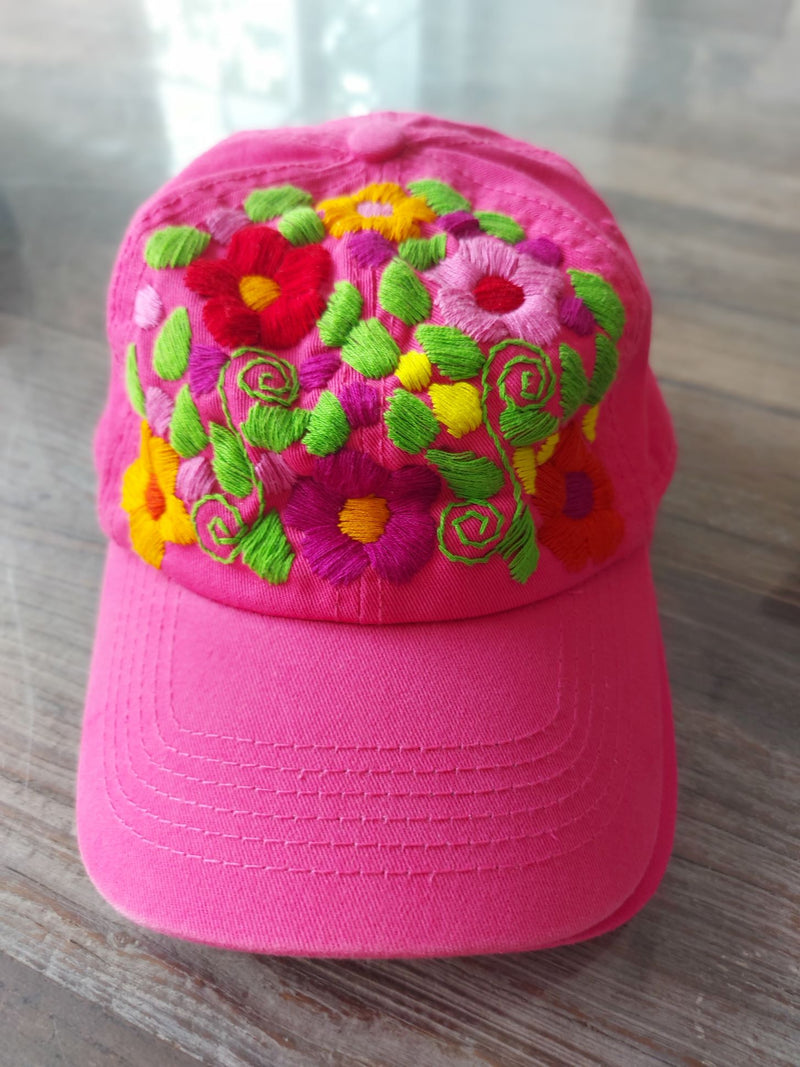 Cape, Kappe, Baseball cap bestickt, Blumen, bunt, pink, Damen, Mexiko, mexikanisch, boho, hippie, ethno