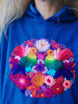 Tiermuster, bunt, handbestickt, bedruckte Hoodies, Hoodie, Blumen-Sweatshirt, Mandala, Stickerei,  mexikanisch, Kunsthandwerk, floral, Pullover, Yoga, vintage, türkis