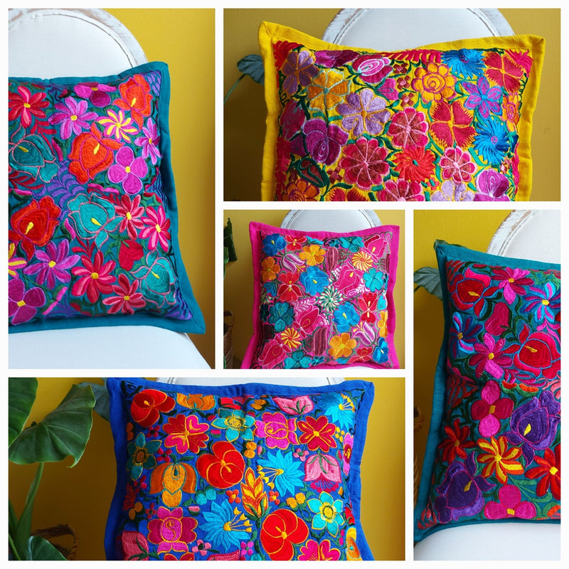 Mexikanische Kissen, Kissenbezug Mexiko, Kissen Mexican style, Kissenhülle mexikanisch, Kissenbezüge bestickt, Kissenbezüge Blumenmuster, gelb, bunte Kissen, Bunte Kissenbezüge kaufen, 40 x 40 cm, 50 x 50 cm, Einrichtung, Home Dekor, Heimtextilien, Kunsthandwerk, Chiapas, fair, 