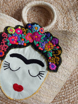 Frida Strohtasche (beige-rot) aus Mexiko mit Blumenapplikation