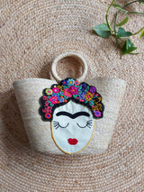 Frida Kahlo beige, natur Strohtasche Beachtasche aus Mexiko natur beige Frida Kahlo bunt geflochten Handgefertigt Shopper Tote bag mexican straw palmleaves tassel pom pom Bommel