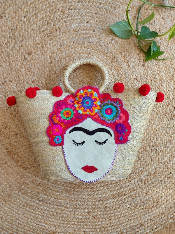 Frida Kahlo beige rot creme Strohtasche Beachtasche aus Mexiko natur beige Frida Kahlo bunt geflochten Handgefertigt Shopper Tote bag mexican straw palmleaves tassel pom pom Bommel
