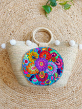 Designer strawbag (nature, beige) from Mexiko, with flower embroidery, unique piece