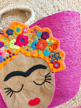 Frida Kahlo pink rosa Strohtasche Beachtasche aus Mexiko natur beige Frida Kahlo bunt geflochten Handgefertigt Shopper Tote bag mexican straw palmleaves tassel pom pom Bommel
