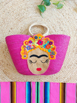 Frida Kahlo pink rosa Strohtasche Beachtasche aus Mexiko natur beige Frida Kahlo bunt geflochten Handgefertigt Shopper Tote bag mexican straw palmleaves tassel pom pom Bommel