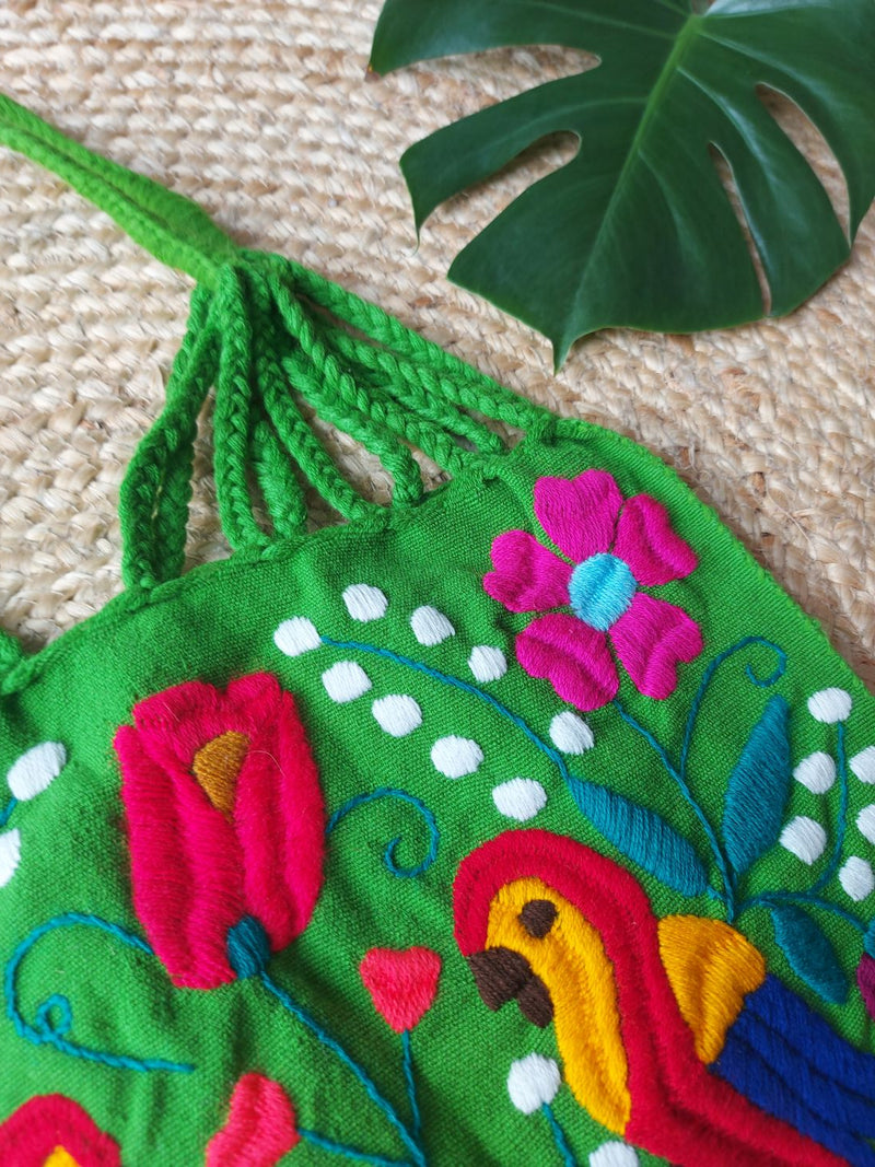 Shopper Strandtasche, Einkaufstasche, Markttasche, Beachtasche Beachbag Schultertasche grün Vögel Tiere jungle bestickt aus Mexiko embroidery mexican grün green, Kunsthandwerk, Handarbeit aus Mexiko, Chiapas