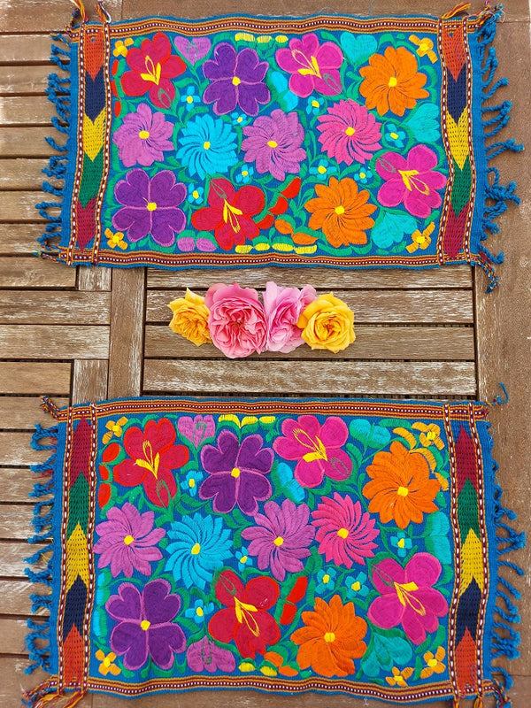 Tischset, Platzset, Tischdeko aus mexican Mexiko mexikanisch, table decoration yellow stickerei Blumenmuster flower pattern embroidery, Handarbeit, Kunsthandwerk