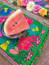 Colorful placemat (green) with floral embroidery from Mexico