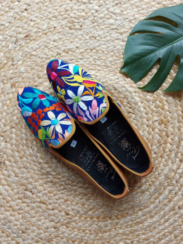 Size EU 39 mexican leather ballerina loafer flat shoe brown (colourful) flower embroidery