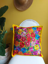 Mexikanische Kissen, Kissenbezug Mexiko, Kissen Mexican style, Kissenhülle mexikanisch, Kissenbezüge bestickt, Kissenbezüge Blumenmuster, gelb, bunte Kissen, Bunte Kissenbezüge kaufen, 40 x 40 cm, 50 x 50 cm, Einrichtung, Home Dekor, Heimtextilien, Kunsthandwerk, Chiapas, fair, 
