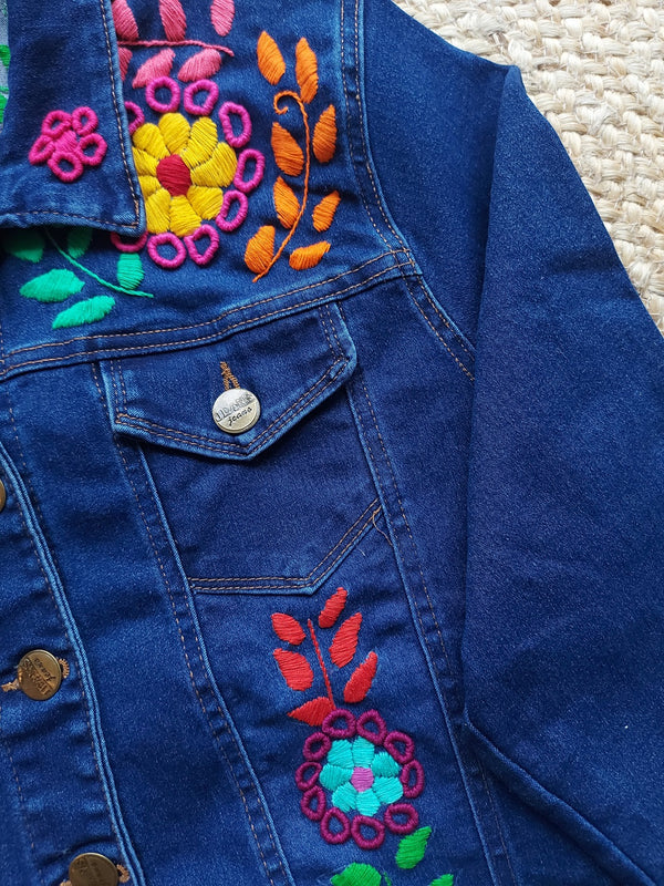 Unique design! Jeans Jacket milpa, hand embroidered in Chiapas