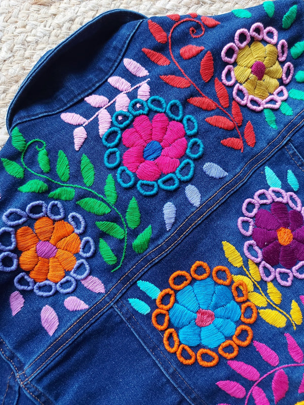 Unique design! Jeans Jacket milpa, hand embroidered in Chiapas