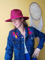 Jeansjacke mit Stickerei Kunsthandwerk mexiko mexikanisch, Blumen, Mais, Chiapas, Oaxaca, Mode, Bekleidung, Jacke, Handbestickt, Handarbeit, mexican fashion, handmade, embroidery